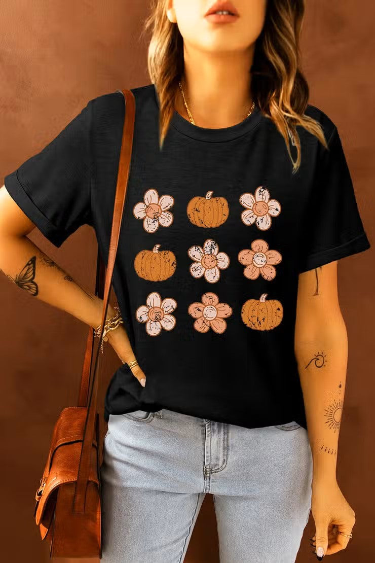 : Flowers And Pumpkins Black Graphic Tee - Catching Fireflies Boutique