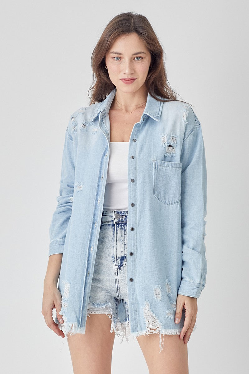 / All The Vibes Risen Distressed Relaxed Fit Light Denim Shirt