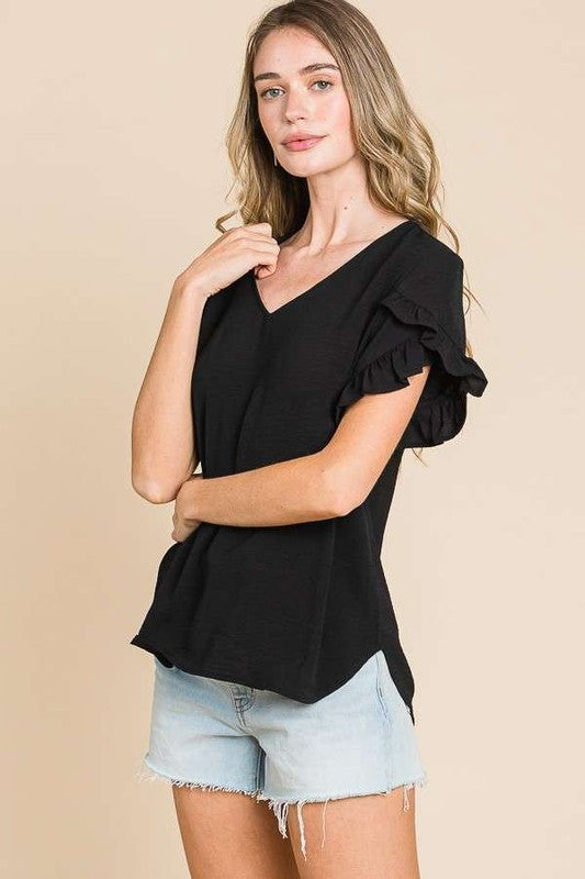 / Ruffle Your Feathers Plus Black Top - Catching Fireflies Boutique