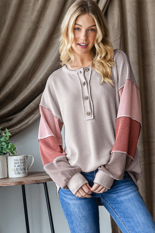 Straight Path Sand Ribbed Color Block Long Sleeve Top