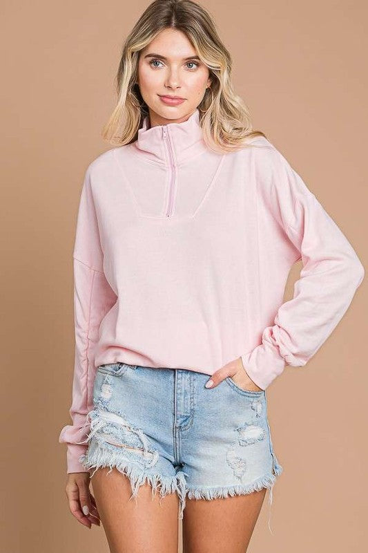 / Swing Into Spring Cream Pink Half Zip Sweatshirt - Catching Fireflies Boutique