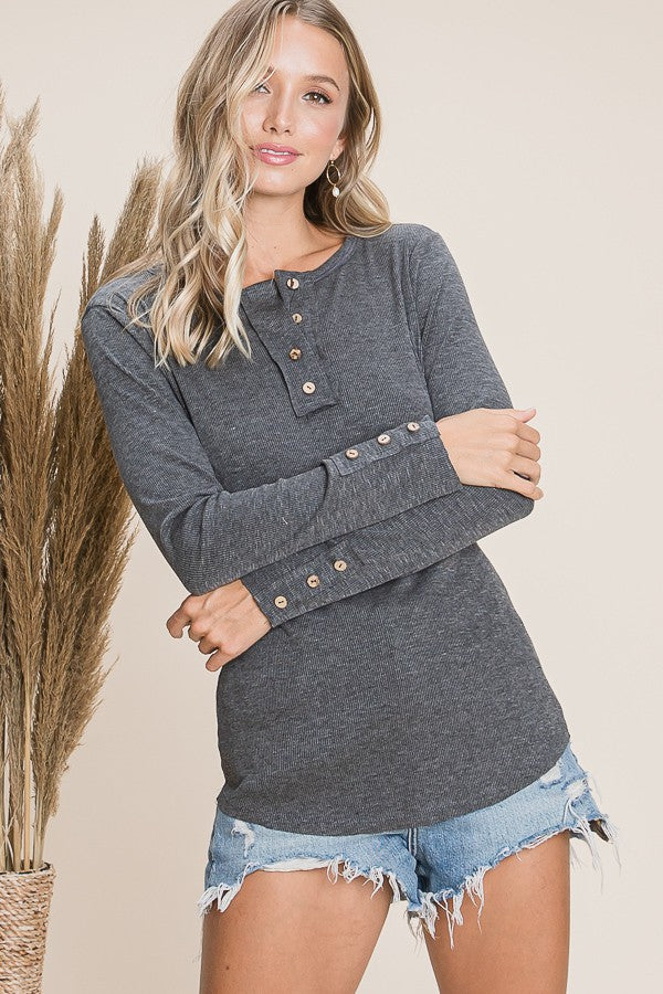 : Triple Threat Henley Charcoal Plus Long Sleeve Top - Catching Fireflies Boutique
