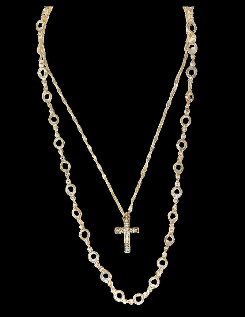 Layered Gold Crystal Beaded Cross Pendant Necklace