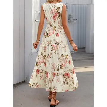 Romantic Evening Beige Floral Maxi Dress - Catching Fireflies Boutique