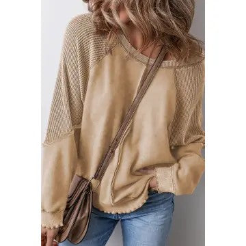 @Dream Bigger Light Beige Waffle Knit Patchwork Sweatshirt (Size Medium)