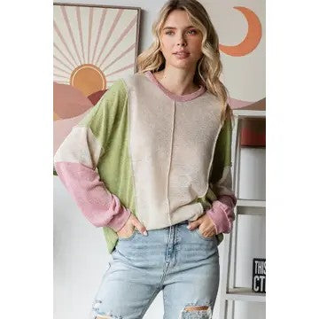 Layers Of Love Honeycomb Knit Color Block Beige Top