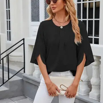 Pleated Lines Black Slit Half Sleeve Blouse - Catching Fireflies Boutique