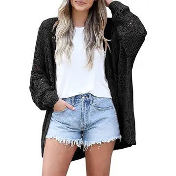 @Desert Sands Black Hollow Knit Open Sweater Cardigan