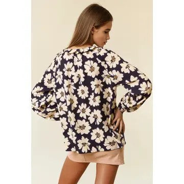 Whimsical Flowers Black Floral Split Neck Top - Catching Fireflies Boutique