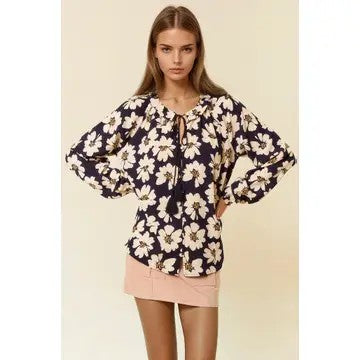 Whimsical Flowers Black Floral Split Neck Top - Catching Fireflies Boutique