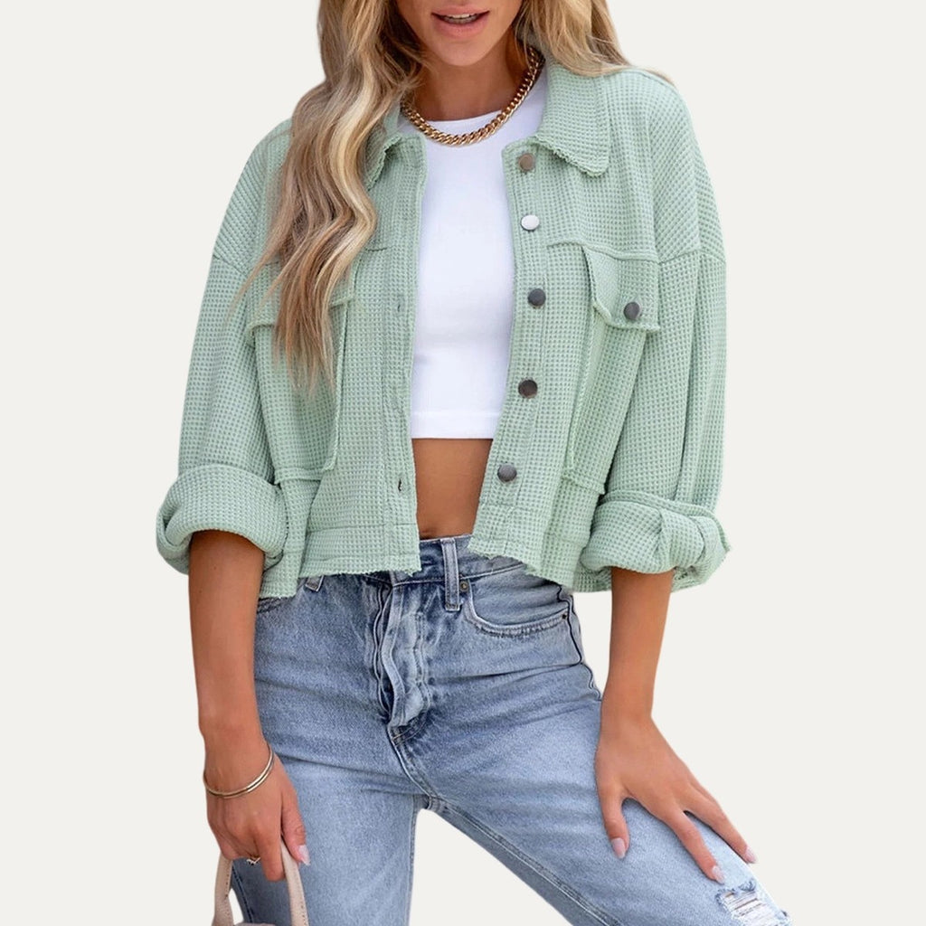 Practical Comfort Mint Blue Woven Cropped Jacket - Catching Fireflies Boutique