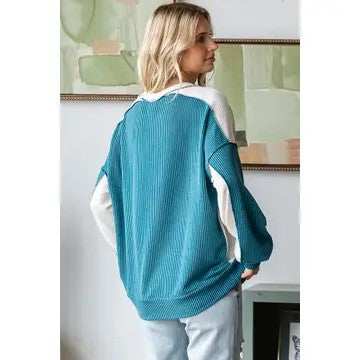 Outlook On Life Blue Color Block Oversized Top