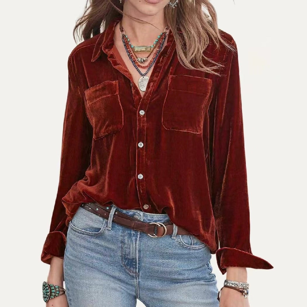 Warm Wishes Brick Red Velvet Button Front Shirt - Catching Fireflies Boutique