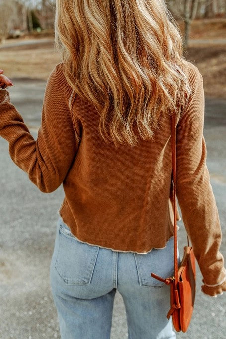 Its Too Easy Brown Textured Knit Raw Edge Top