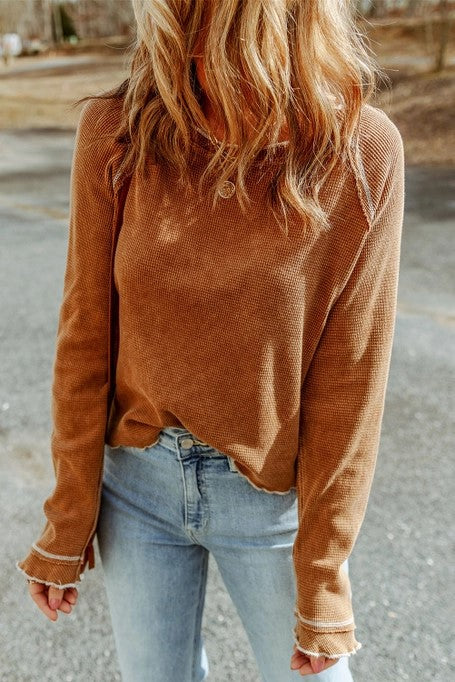 Its Too Easy Brown Textured Knit Raw Edge Top