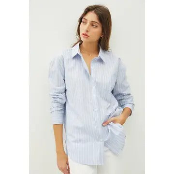 / Falling Rain Dusty Blue Stripe Button Shirt