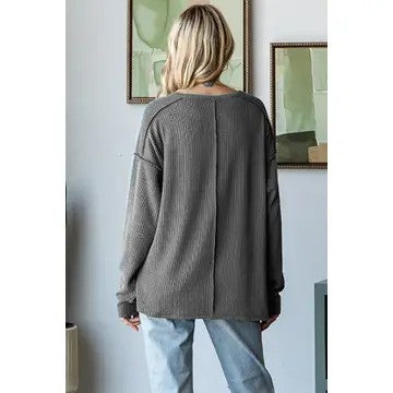 Dropping Hints Plus Charcoal Ribbed Partial Button Top - Catching Fireflies Boutique
