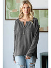 Dropping Hints Plus Charcoal Ribbed Partial Button Top - Catching Fireflies Boutique