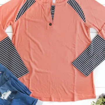 @/ Color Meets Stripe Coral Henley Long Sleeve Top