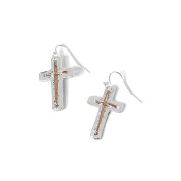 Mixed Metal Cross Dangle Earrings