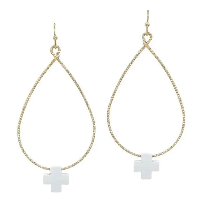 Gold Teardrop With White Cross Accent Earrings