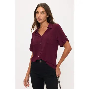 Alluring Finesse Deep Plum Roll Tab Sleeve Top - Catching Fireflies Boutique