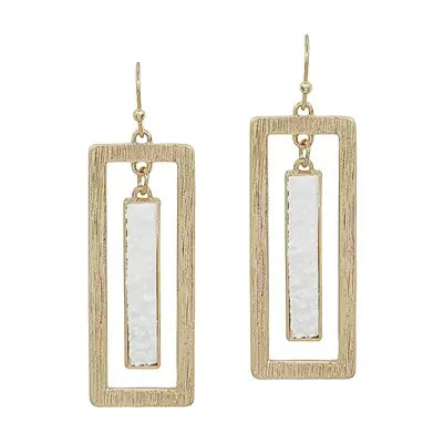 : White Druzy And Gold Open Rectangle Earrings - Catching Fireflies Boutique