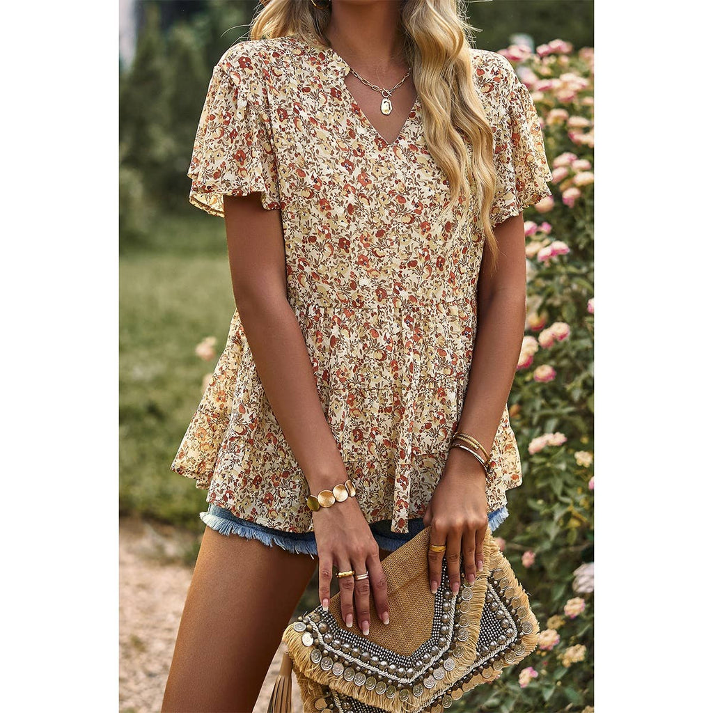 / Apricot Floral Print Tie Neck Babydoll Blouse - Catching Fireflies Boutique