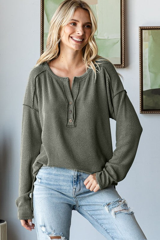 / Dropping Hints Olive Ribbed Partial Button Top