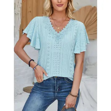 / Playfully Yours Plus Blue Hollow Out Lace Top