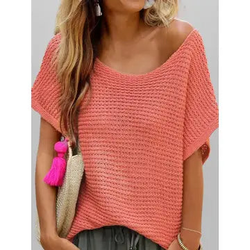 @/ Take It In Stride Coral Crochet Hollow Out Sweater Top