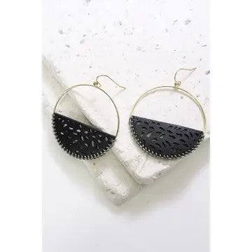 Black Leather Filigree Hoop Earrings