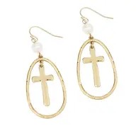 Gold Hammered Oval Ring And Cross Earrings