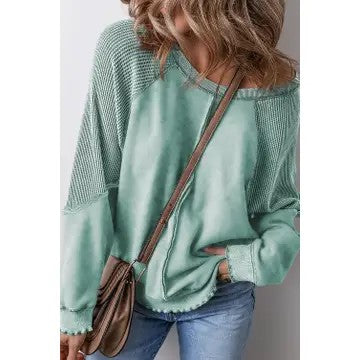 @Dream Bigger Green Waffle Knit Patchwork Sweatshirt