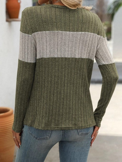 Movie Night Casual Army Green Color Block Top