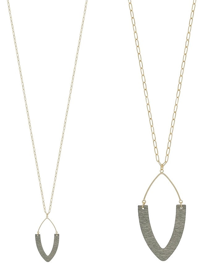 / Grey Wood And Gold Pointed Teardrop Necklace