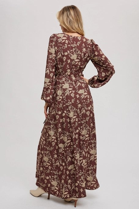 Swept Away Hazelnut Floral Print Wrap Maxi Dress - Catching Fireflies Boutique