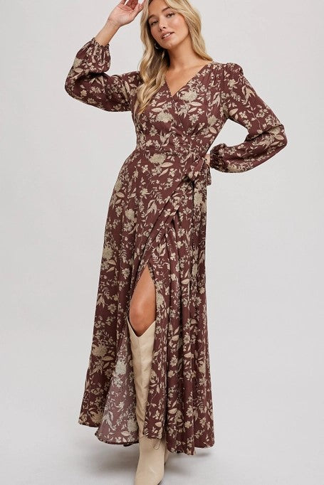 Swept Away Hazelnut Floral Print Wrap Maxi Dress - Catching Fireflies Boutique