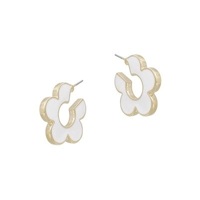 / White Metal Flower Huggie Hoop Earrings