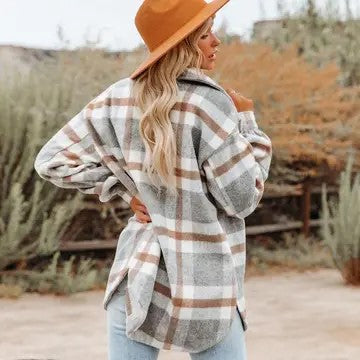 / Cool Autumn Days Khaki Flannel Plaid Shacket