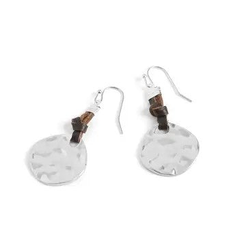 Leather Knot And Silver Hammered Disc Earrings