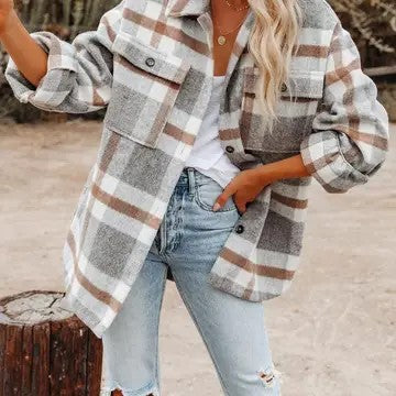 / Cool Autumn Days Light Grey Flannel Plaid Shacket