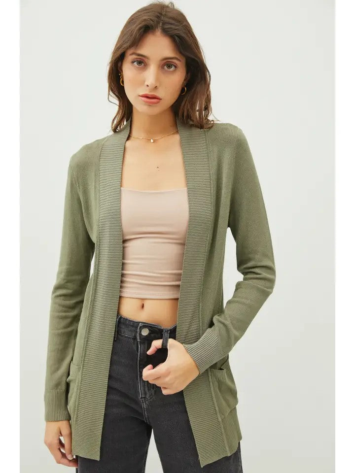 @/ Moments That Matter Olive Ribbed Cuff Cardigan