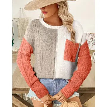 @/ Pumpkin And Spice Color Block Orange Patch Pocket Sweater (Size Large)