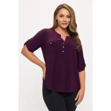 Confident Style Plus Plum Mandarin Collar Top - Catching Fireflies Boutique