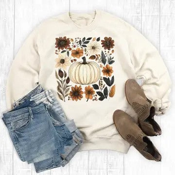 Boho Plus Floral Fall Pumpkin Sweet Cream Graphic Sweatshirt - Catching Fireflies Boutique