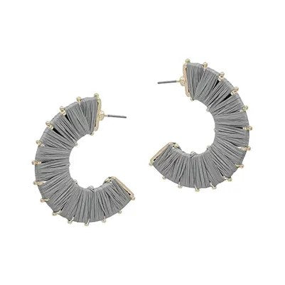 Grey Raffia Wrapped Hoop Earrings