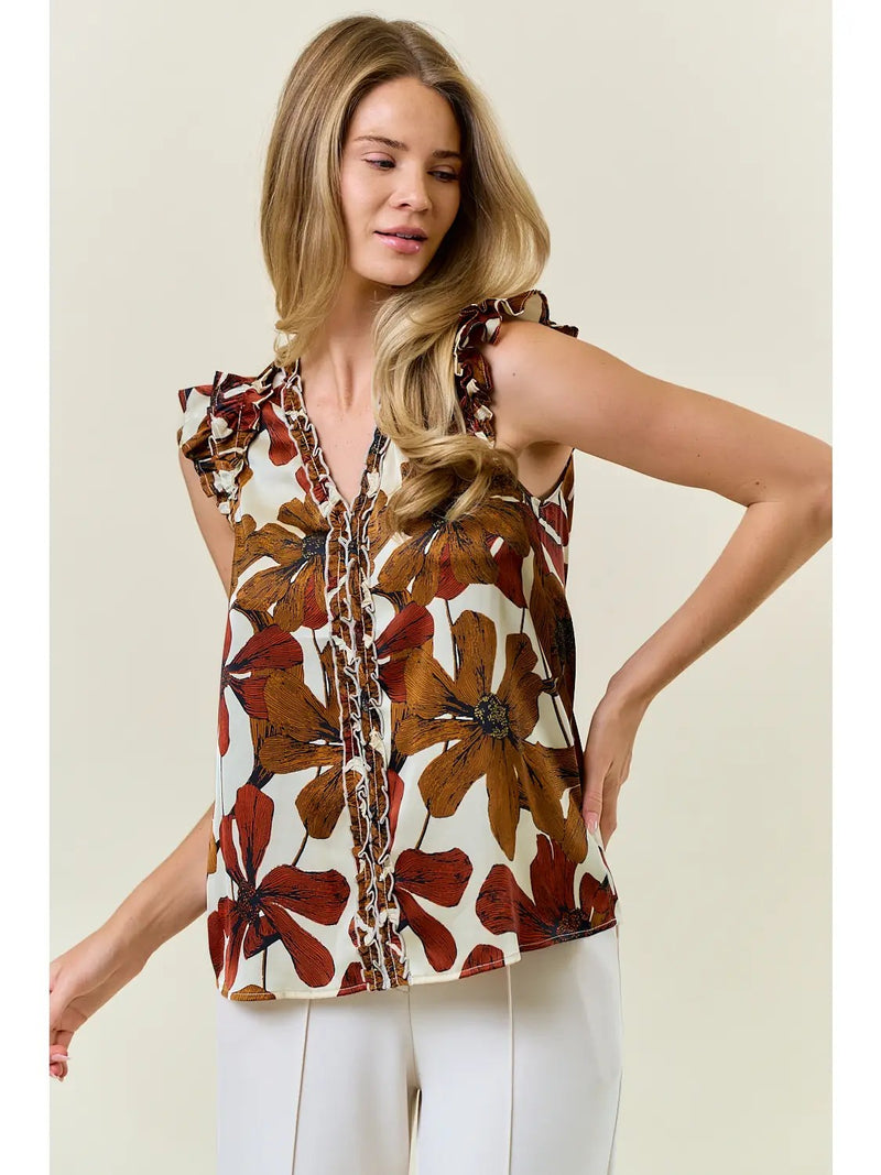 Burst Of Energy Rust Floral Ruffle Tank Top - Catching Fireflies Boutique