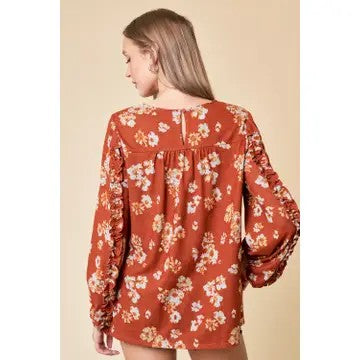 Charming Ruffles Rust Floral Keyhole Back Blouse - Catching Fireflies Boutique