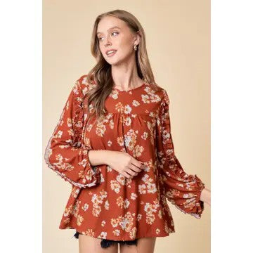 Charming Ruffles Rust Floral Keyhole Back Blouse - Catching Fireflies Boutique